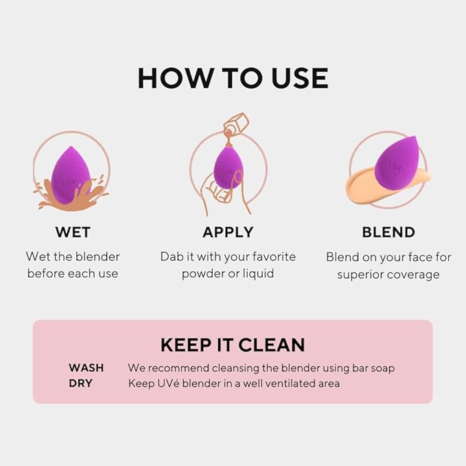 UVé Beauty Sponge Makeup Blender 3 Pack - Violet Makeup Sponges for Blending Foundations, Powders & Creams - Concealer Applicator Offers Full Coverage Vegan & Cruelty-Free Stays Clean Longer