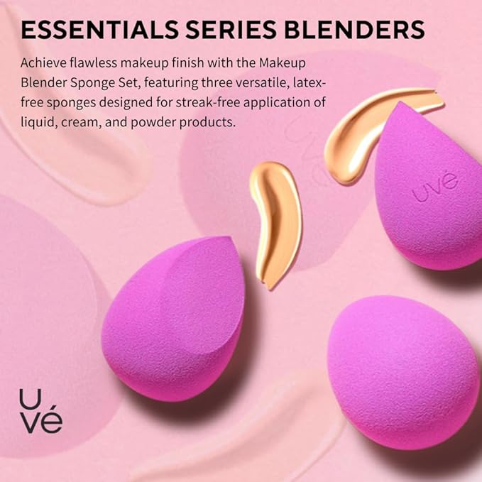 UVé Beauty Sponge Makeup Blender 3 Pack - Violet Makeup Sponges for Blending Foundations, Powders & Creams - Concealer Applicator Offers Full Coverage Vegan & Cruelty-Free Stays Clean Longer