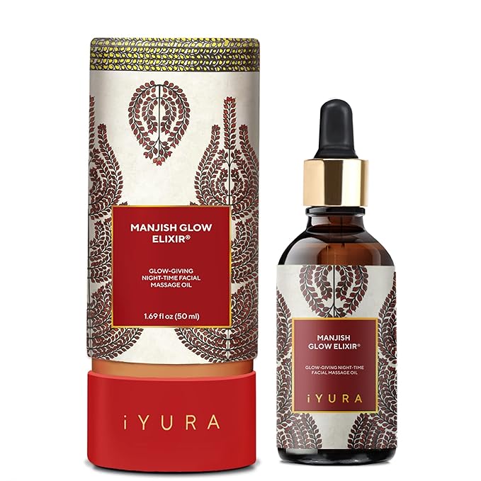 iYURA Manjish Glow Elixir - Traditional Glow-Boosting Face Moisturizer for an Instant Dewy Glow & Clear-looking skin – Lightweight, 100% Natural Nighttime Face Oil, 1.69 fl oz