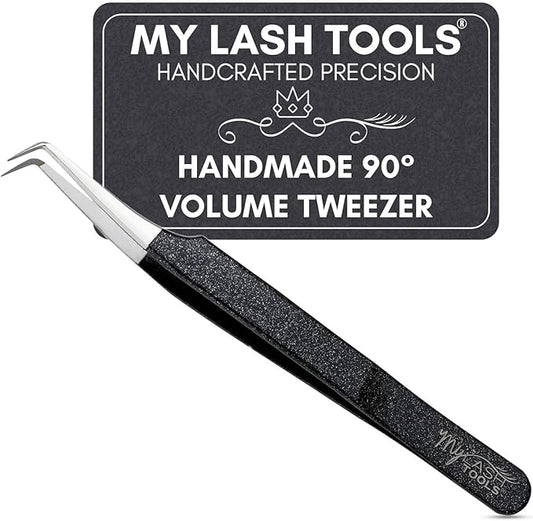 90 Degree Volume Fiber Tip Lash Tweezer 12cm – Precision Stainless Steel Eyelash Extension Tool, Anti-Slip Handle, Fine 90° Tip for Mega Volume & Russian Volume Lashing (Black)
