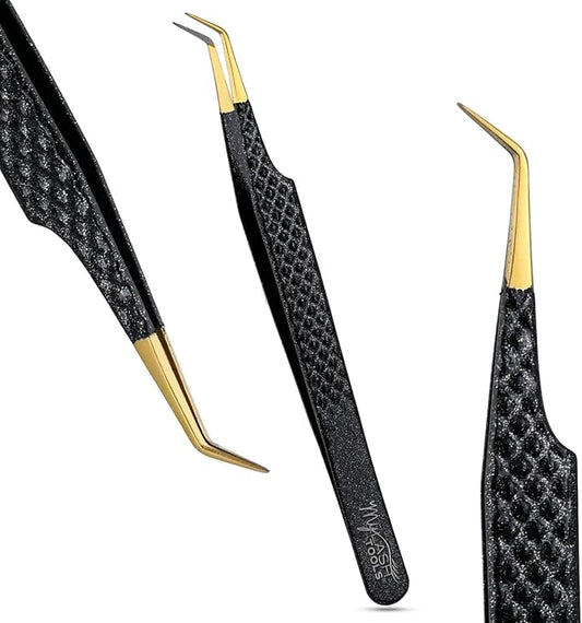 45° Long Fiber Tip Lash Tweezer – Professional Eyelash Extension Tweezer for Classic & Volume Lashes, Precision Grip, Anti-Slip Diamond Handle – Black with Gold Tips (13cm)