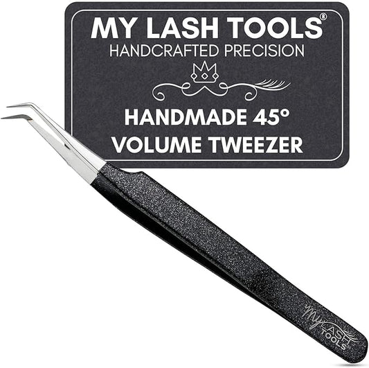 45 Degree Volume Fiber Tip Lash Tweezer 12cm – Precision Stainless Steel Eyelash Extension Tool, Anti-Slip Handle, 45° Angled Tip for Volume Lash Fans, Professional Lash Supplies (Black)