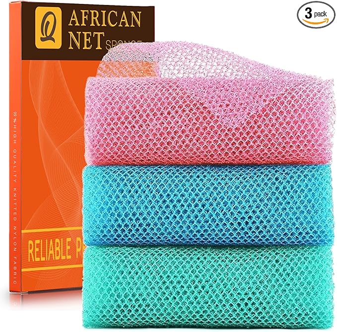 UJFQBH 3 Pieces African exfoliating net African Net Long Net Bath Sponge Exfoliating Shower Body Scrubber Back Scrubber Skin Smoother,Great for Daily Use (Pink, Blue, Green)